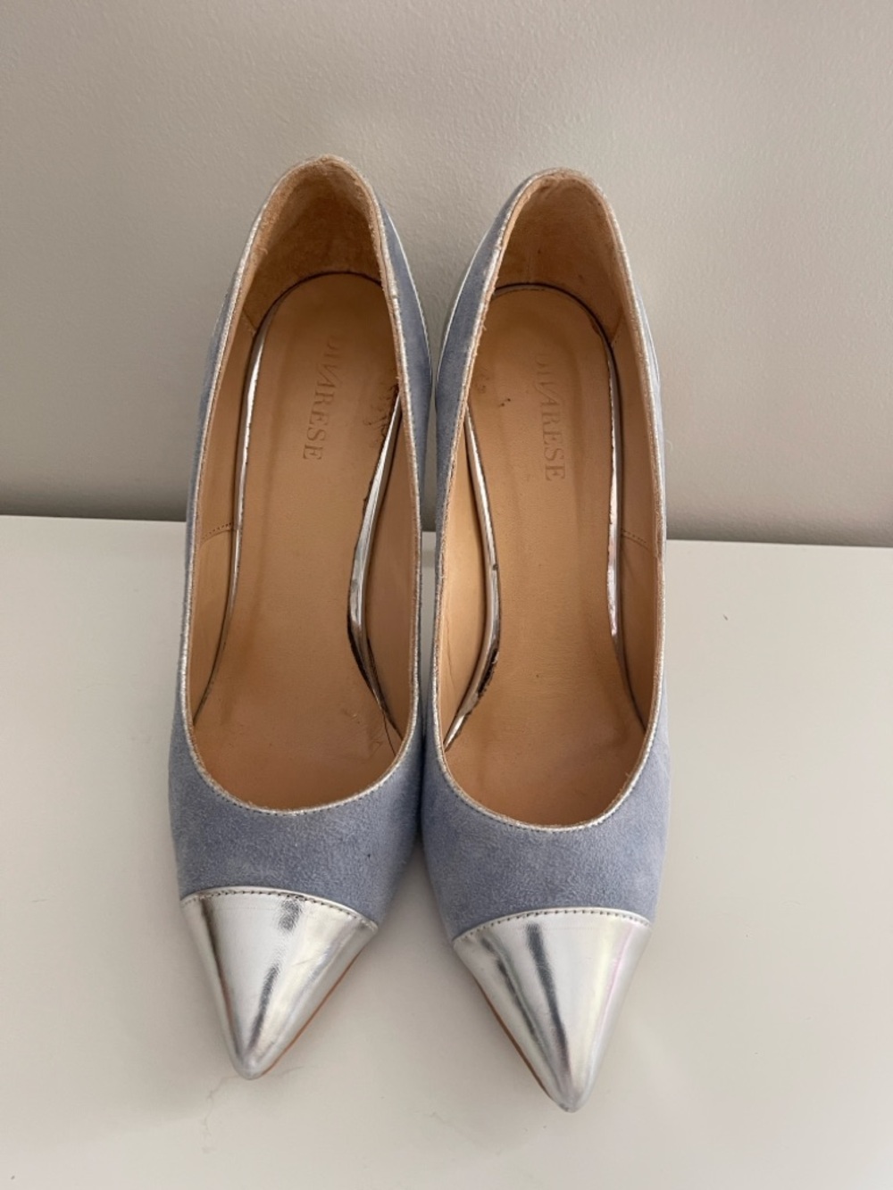 Silver-Tip Light Blue Suede Pointed Toe Pumps